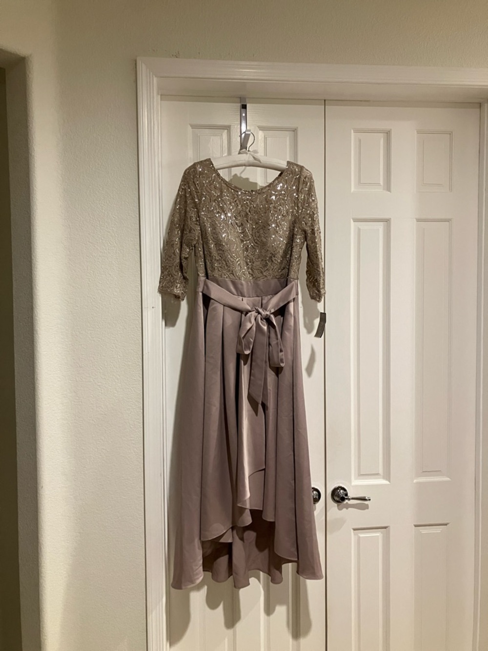 Sequin Lace Party Dress with Satin Skirt & Ribbon Belt, 14, Buff